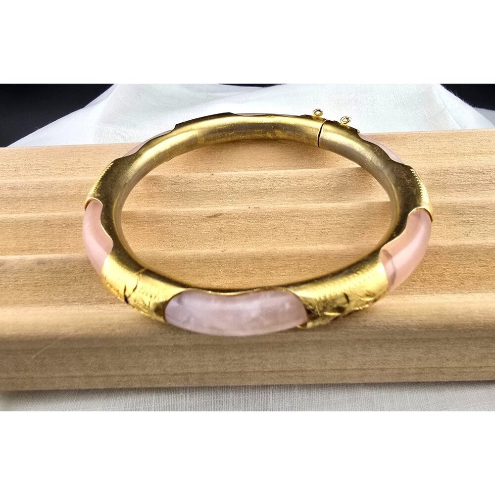 Vintage Jadeite & 10KT Gold-Plated Hinged Bangle Bracelet - Statement Piece